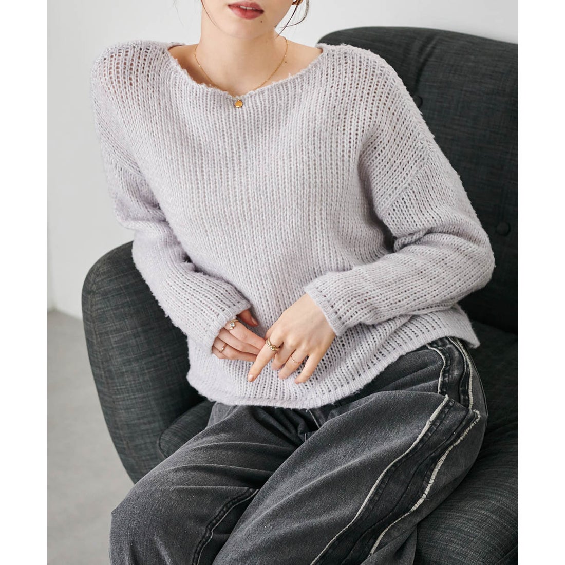 ラナン RANAN モヘアタッチローゲージシアーニット （ライトグレー