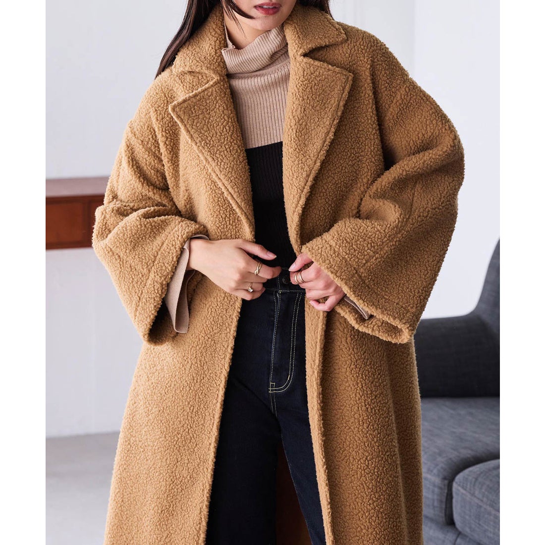 ラナン RANAN ムートンライクボアロングコート （キャメル