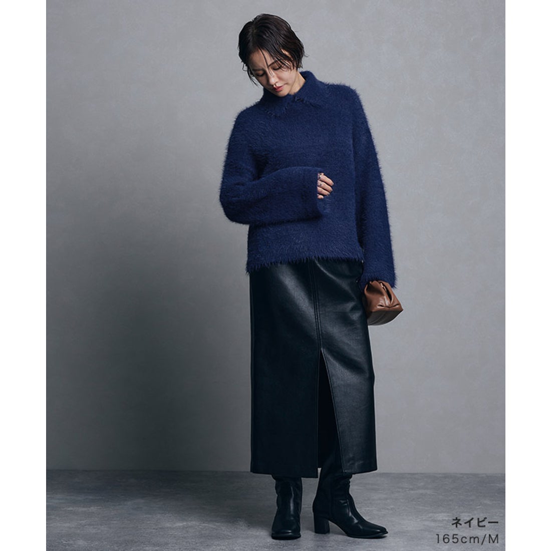 ラス RASW フェザーヤーンラペルニット （ネイビー） -ファッション