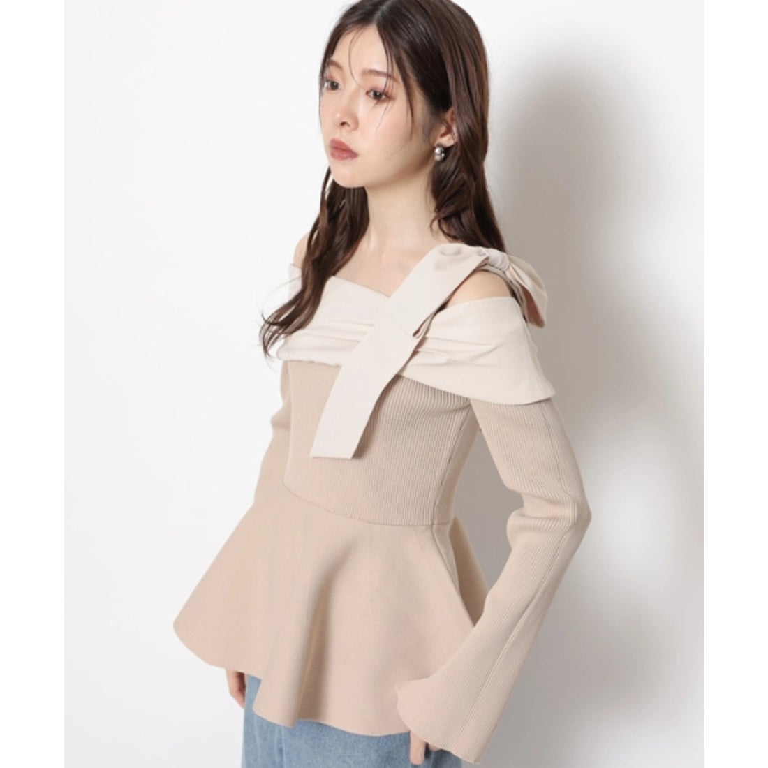 Rirandture オフショル リボン ペプラム トップス オフホワイト