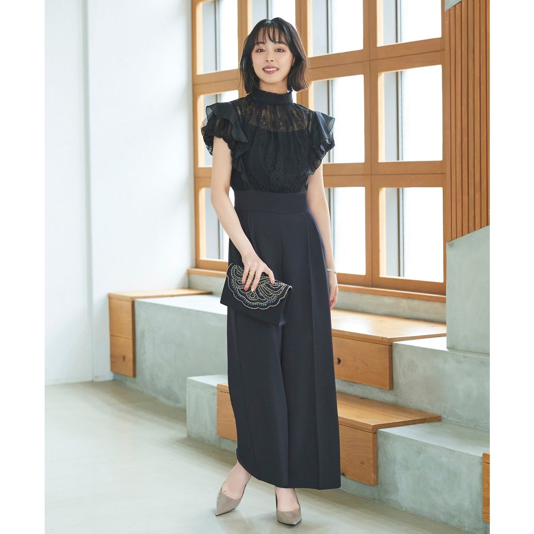 ルイルエブティック RUIRUE BOUTIQUE バックリボンレースコンビパンツ