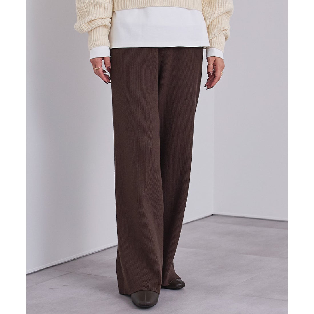 ユアーズ ur's リラックスリブニットワイドパンツ （ブラウン） -靴