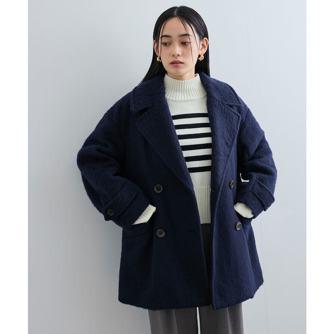 ビス VIS シャギーミディ丈Pコート （ネイビー（40）） -アウトレット
