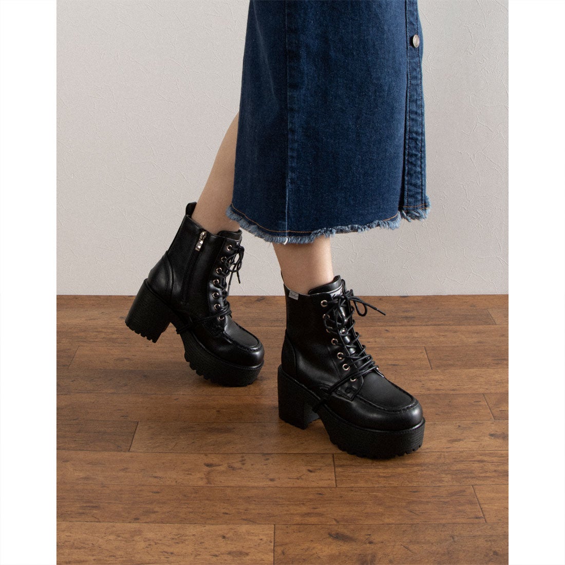 厚底レースアップブーツ （ブラックパープル）【和柄】 -YOSUKE