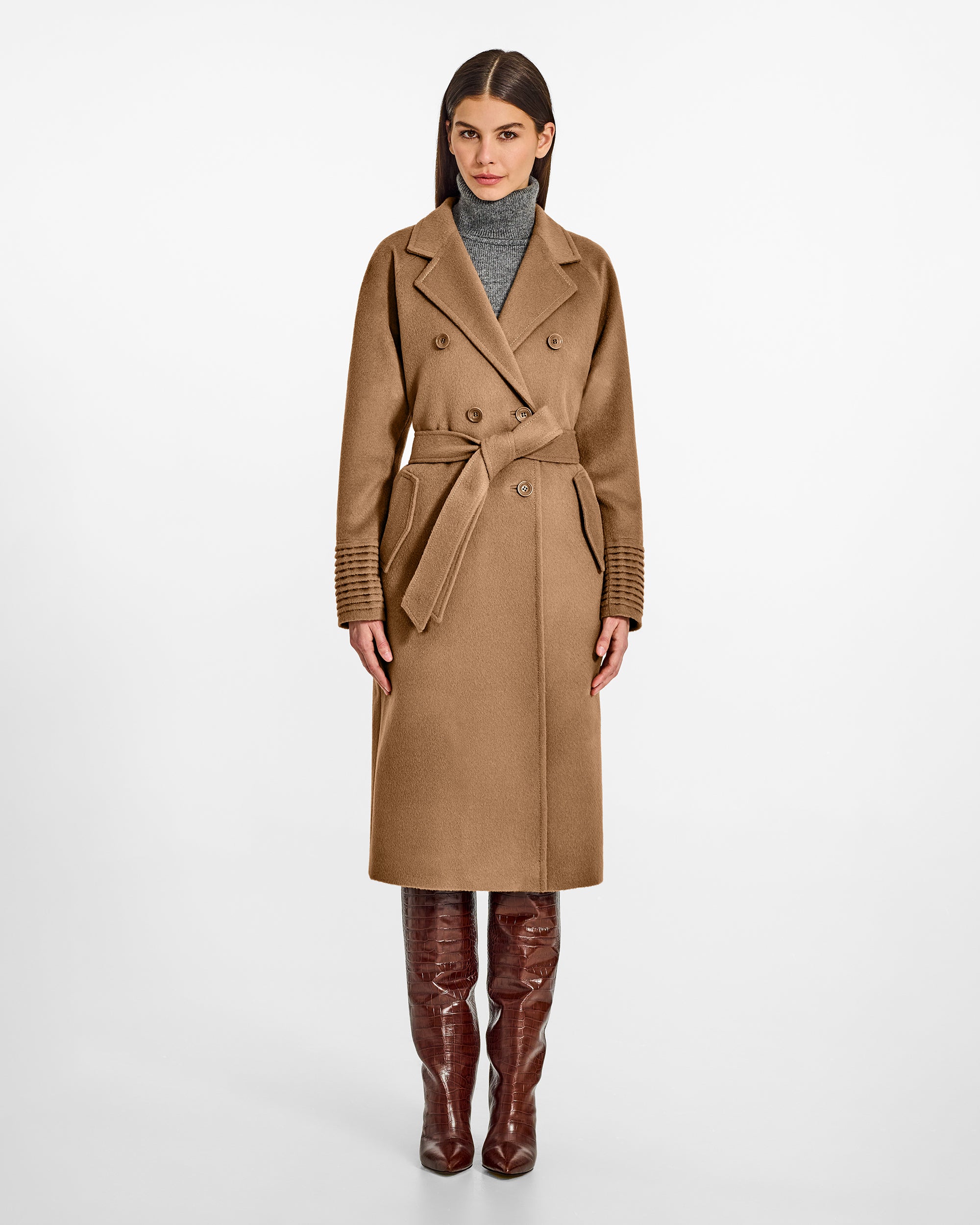 Double Breasted Dark Camel Coat with Fabric Scarf | SENTALER
