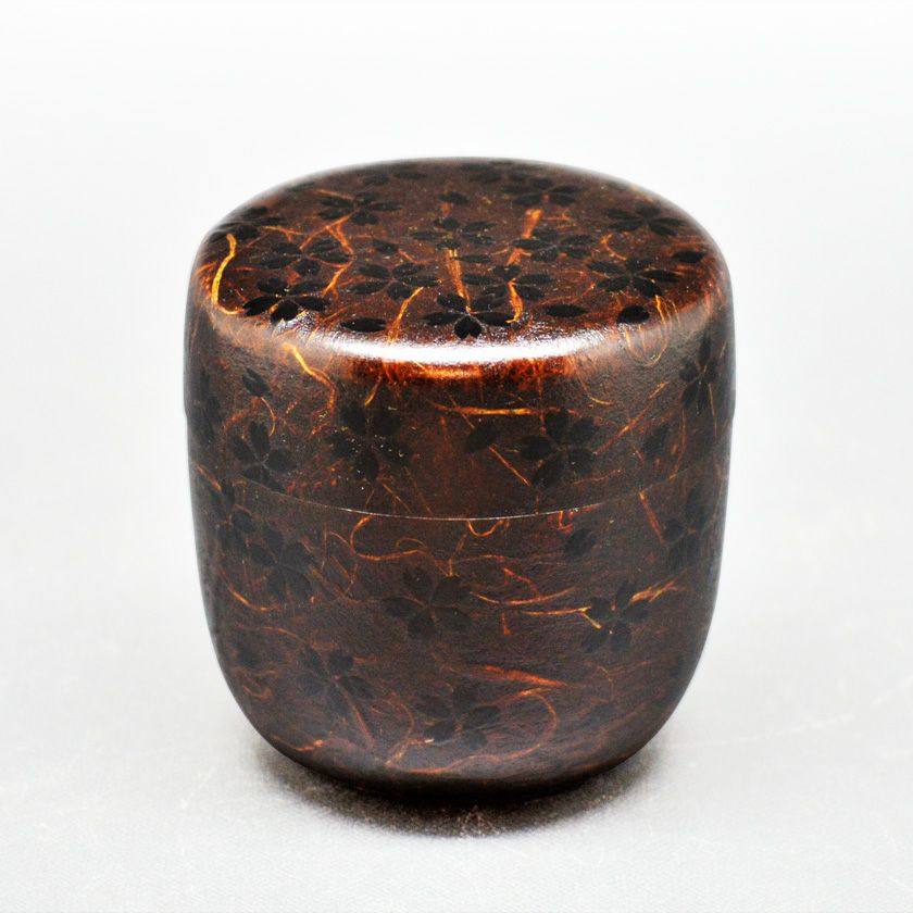 茶道具 棗（なつめ） 大棗 一閑和紙張 夜桜蒔絵 蓋裏（桜）花びら 中村