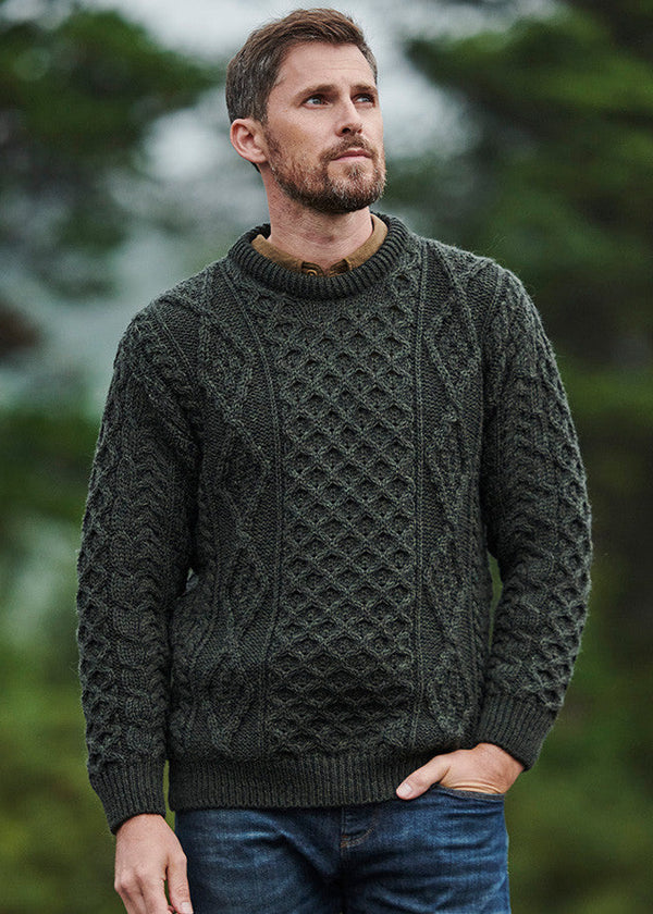 Men's Aran Worsted Wool Sweater Army Green | Irish Cable Knit
