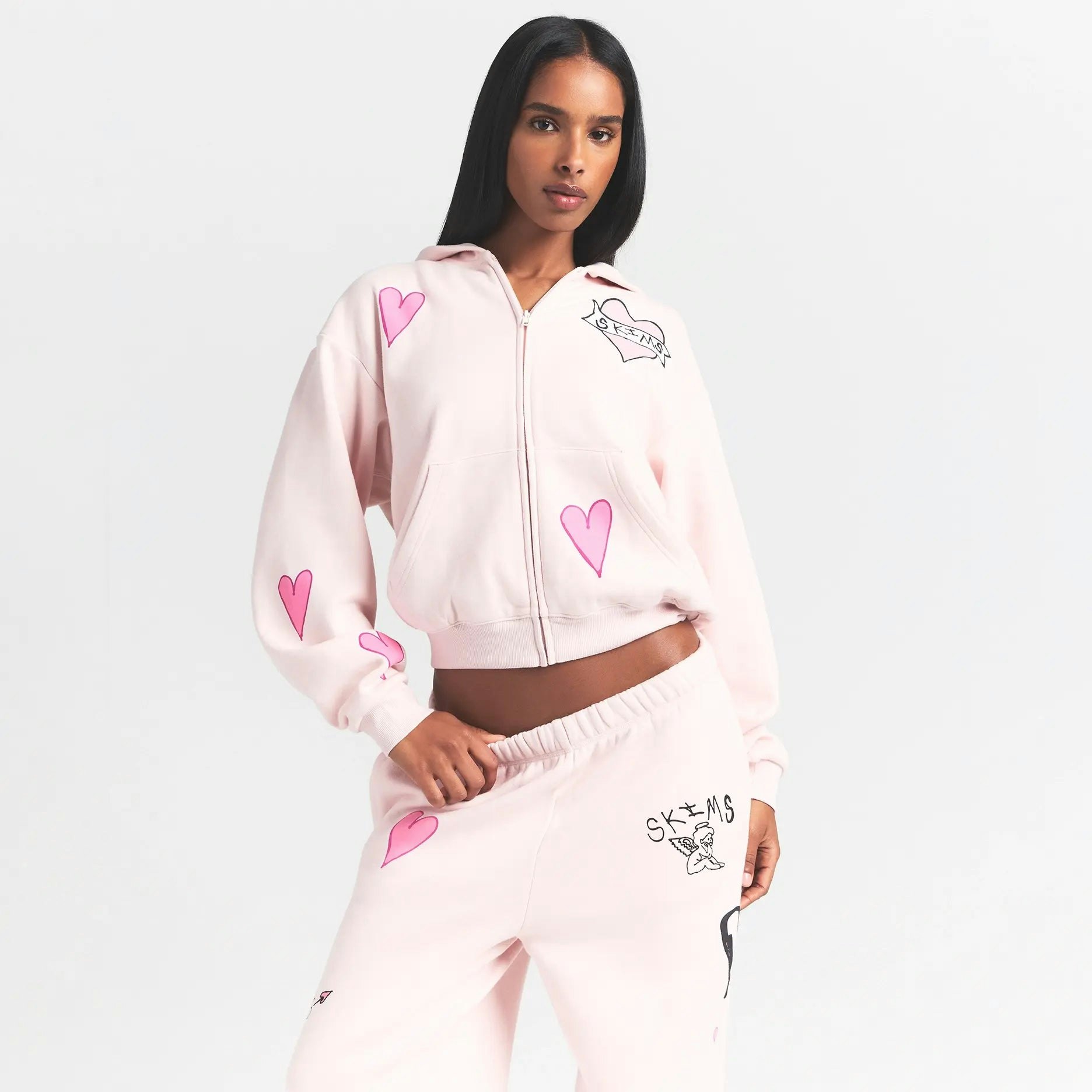 COTTON FLEECE CLASSIC ZIP UP HOODIE | BARELY PINK HEART | SKIMS