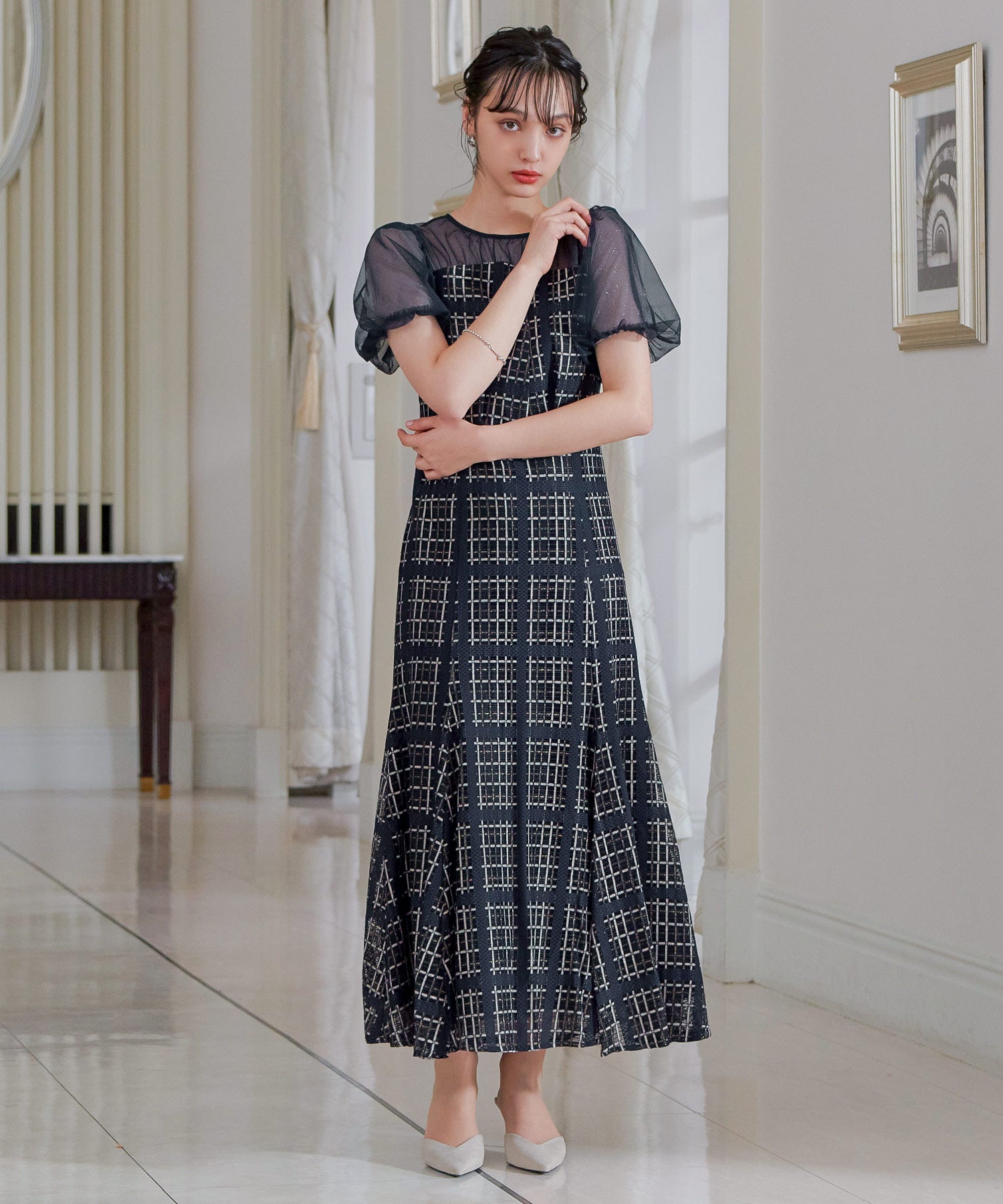 チェック柄マーメイドワンピースドレス 結婚式 パーティードレス