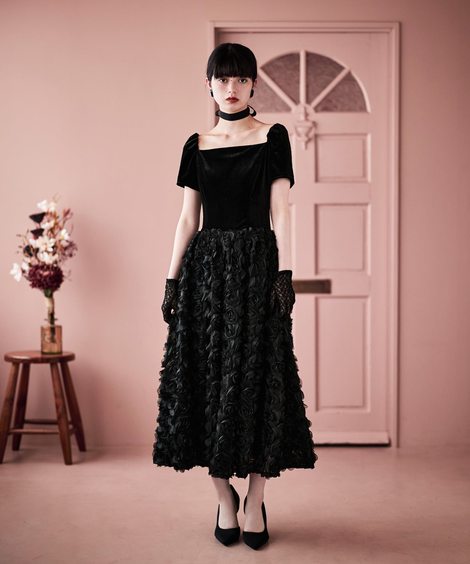 ベロアロゼットフレアドレス｜パーティードレス・結婚式ワンピース