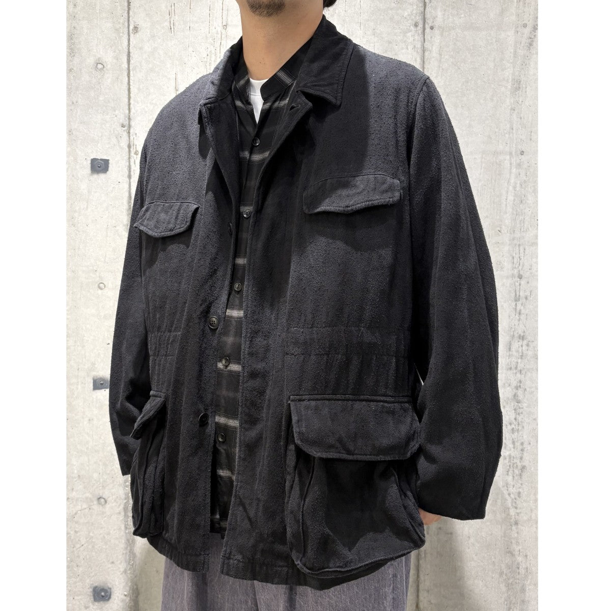 COMOLI(コモリ) 24SSシルクネップ ミリタリージャケット 加工 ブラック