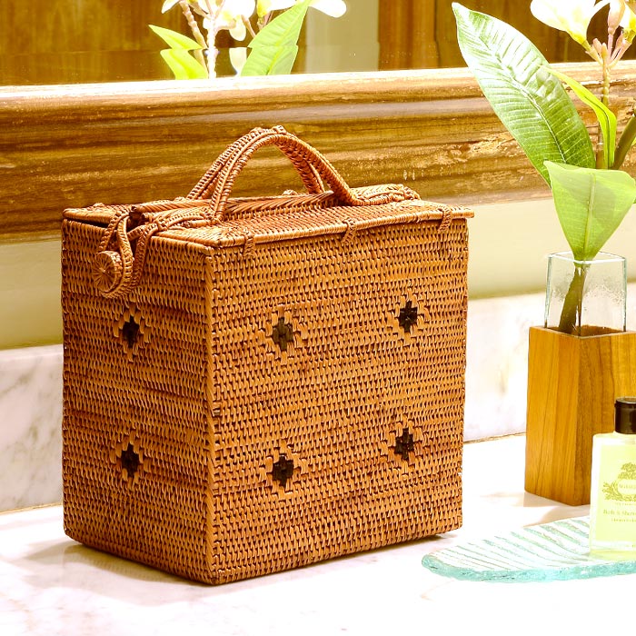 楽天市場】アタで編まれた大きなフタ付きボックス型バスケット Lタイプ