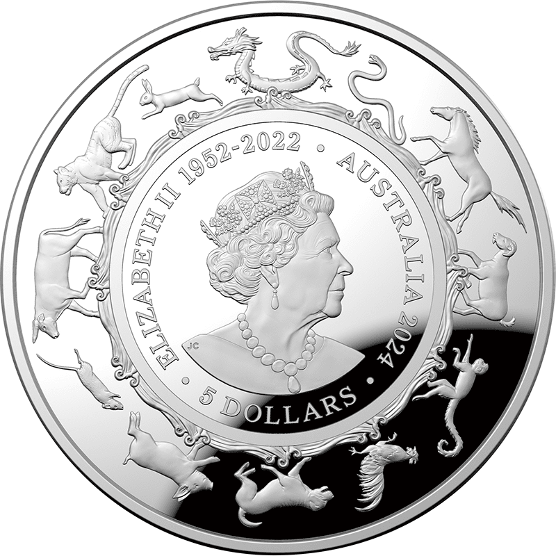 オーストラリア 2024年 辰年龍図 5ドルドーム型銀貨 プルーフ