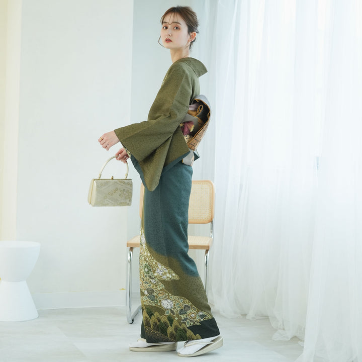 レンタル】訪問着 20点セット モスグリーン 緑 辻が花 金彩