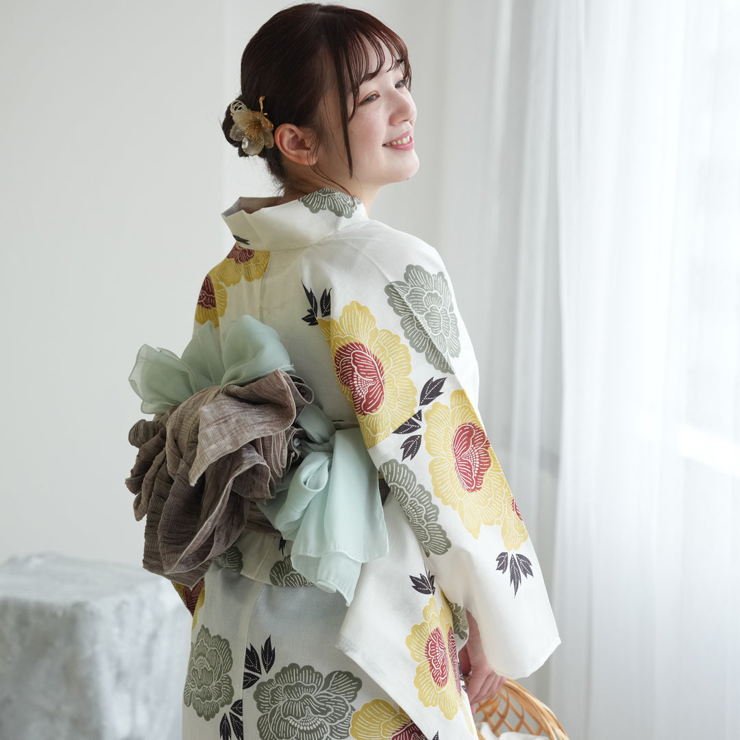 utatane 高級変わり織 浴衣3点セット ( ゆかた・帯・下駄 ) くちなし色