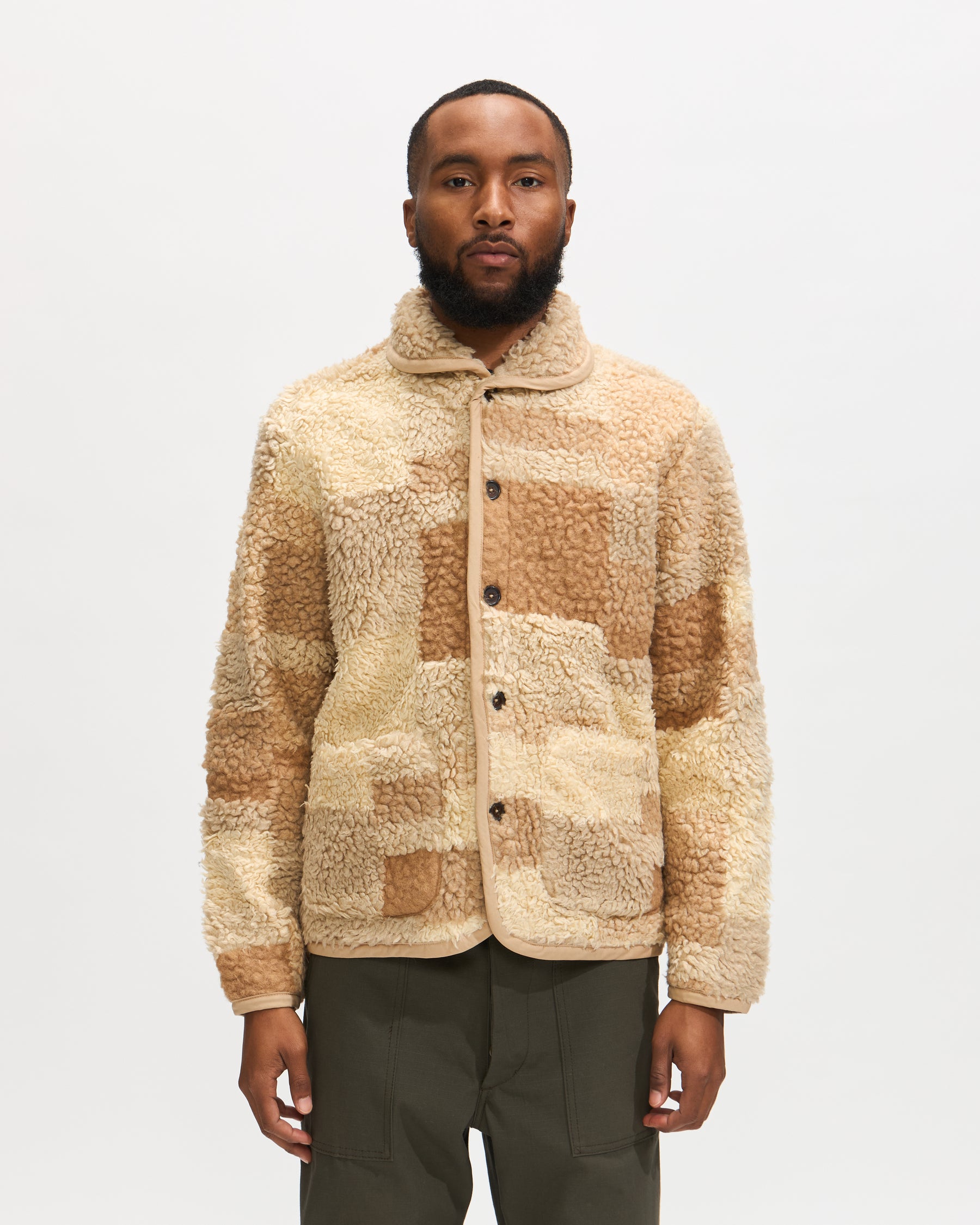 Universal Works Lancaster Jacket in Sand Patchwork Fleece
