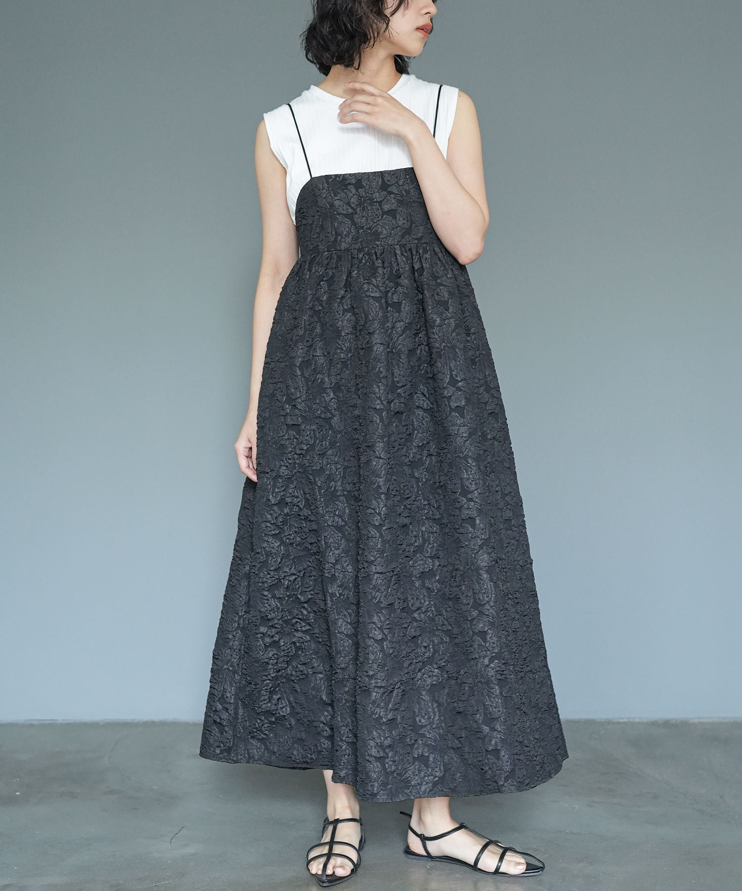 花柄ジャガードキャミワンピースレディース ノースリーブ ロング丈