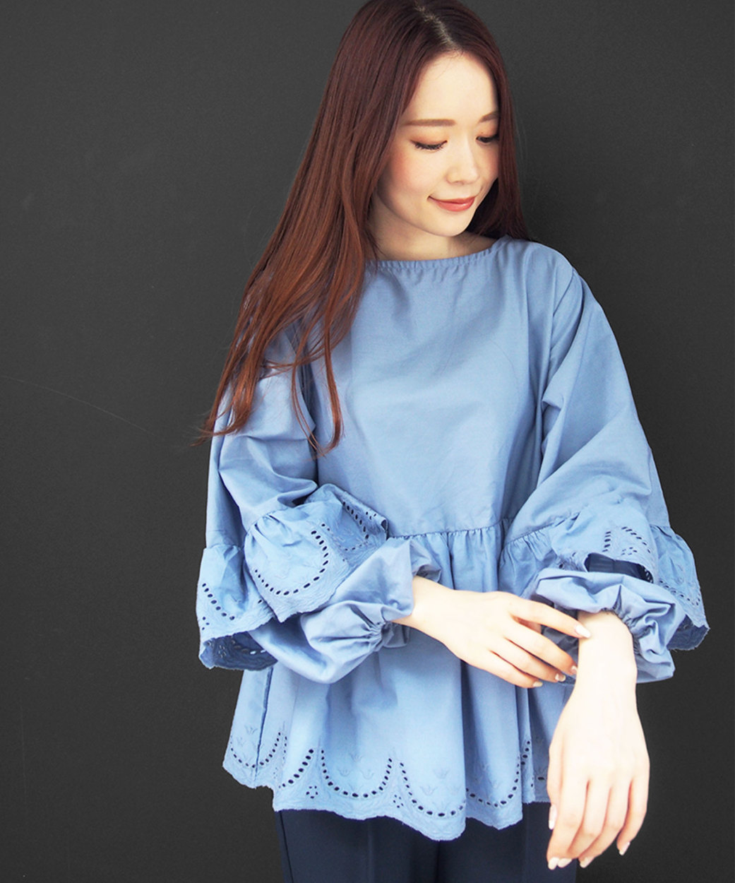 スカラップブラウス レディース トップス 綿100%袖 シャツ 長袖 (郵2