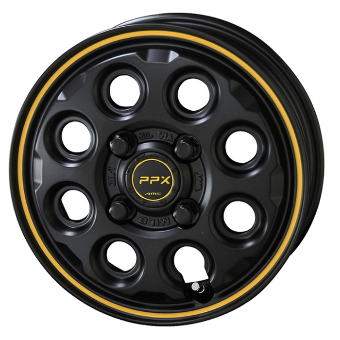 共豊 14インチ 4穴 100 4.5J PPX MIL:8 セミグロスブラック/イエロー