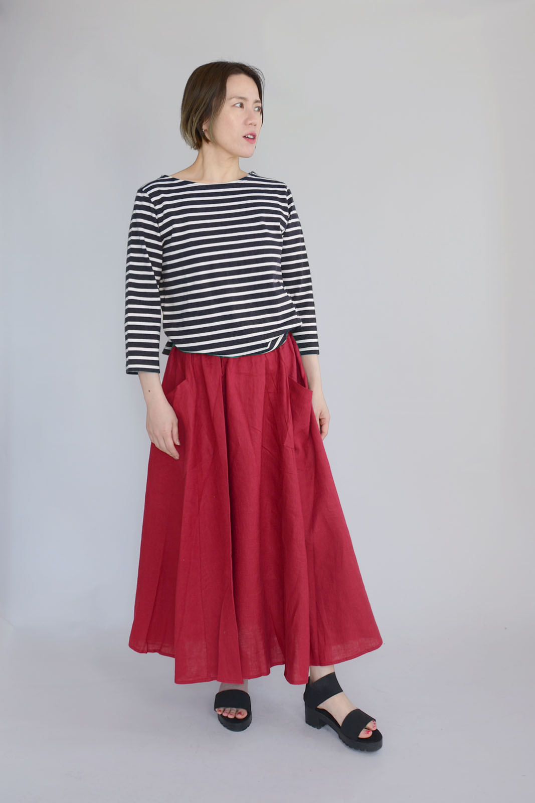 麻100%フレアロングスカート ポケット 麻 ロングスカート リネン生地