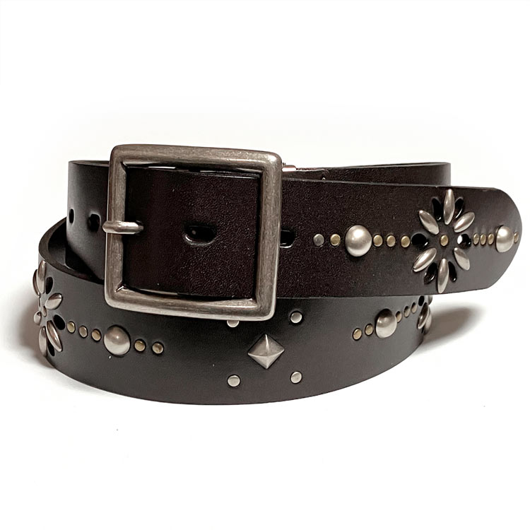 メンズセレクト フラワースタッズ レザーベルト (ダークブラウン