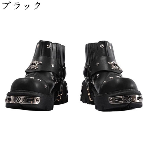 メンズ レザー ショートブーツ 大きいサイズ パンク風 厚底 髑髏