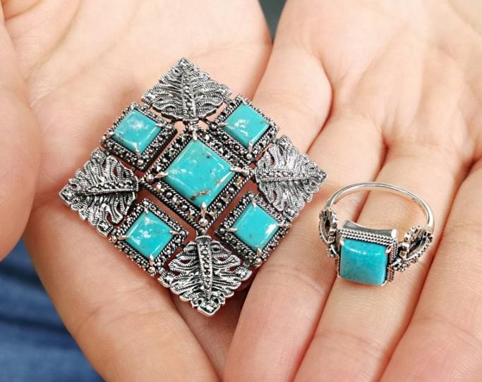 ROKUZAN ターコイズ スクエア ブローチ ペンダントトップ (チェーン