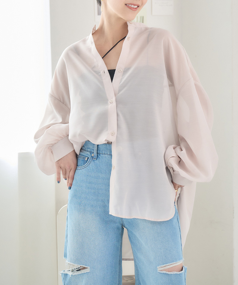 シアーシャツ 長袖 シアートップス 白 スタンドカラー バンドカラー