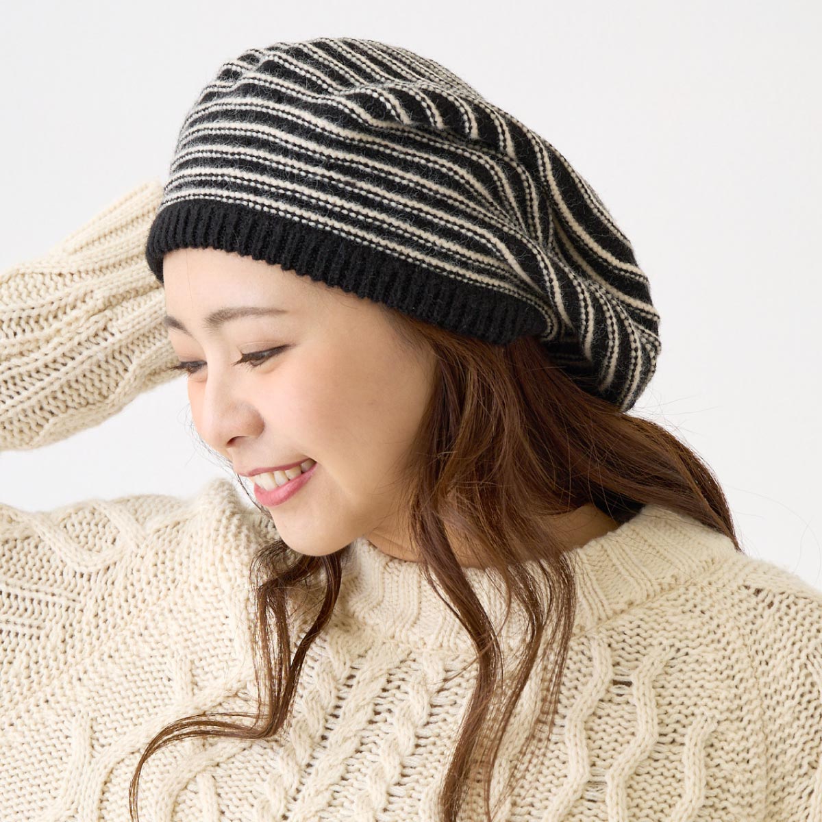 ニット ベレー帽 もっちり伸びる サークルボーダー柄 かわいい 56cm