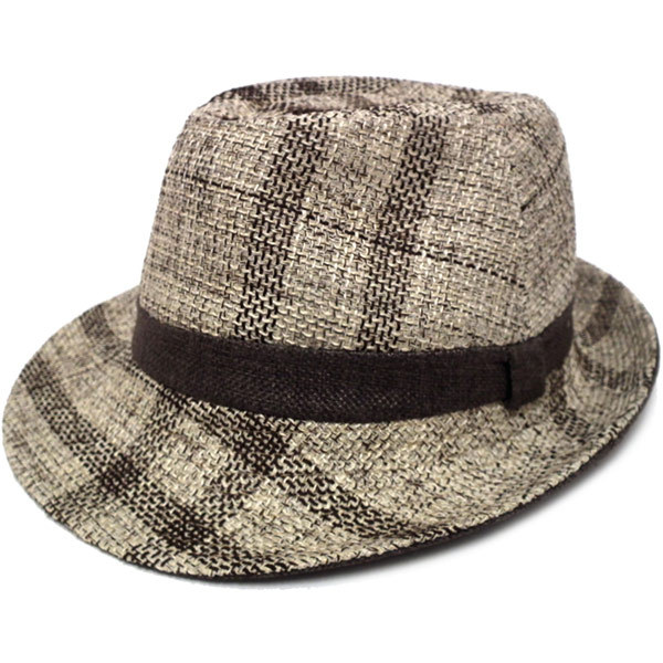 帽子 ハット 麻風素材の中折れハット ステッチチェック柄 57cm