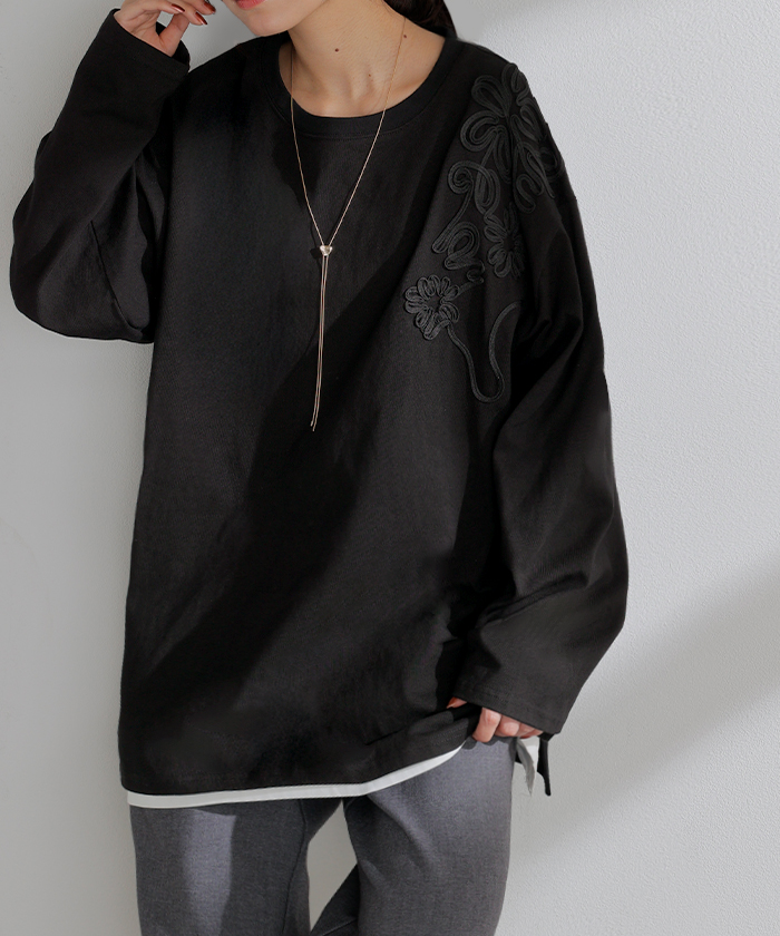 HUG.U（ハグユー） カットソー ロンT コード 刺繍 レディース 綿100