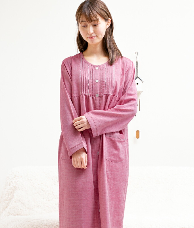 ワンピース 長袖 前開き ダブルガーゼ肌に優しい綿100％ ネグリジェ