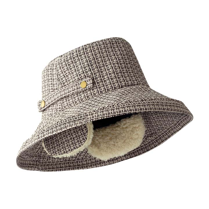 ハット バケットハット 耳当て レディース ボア ツイード生地 あったか