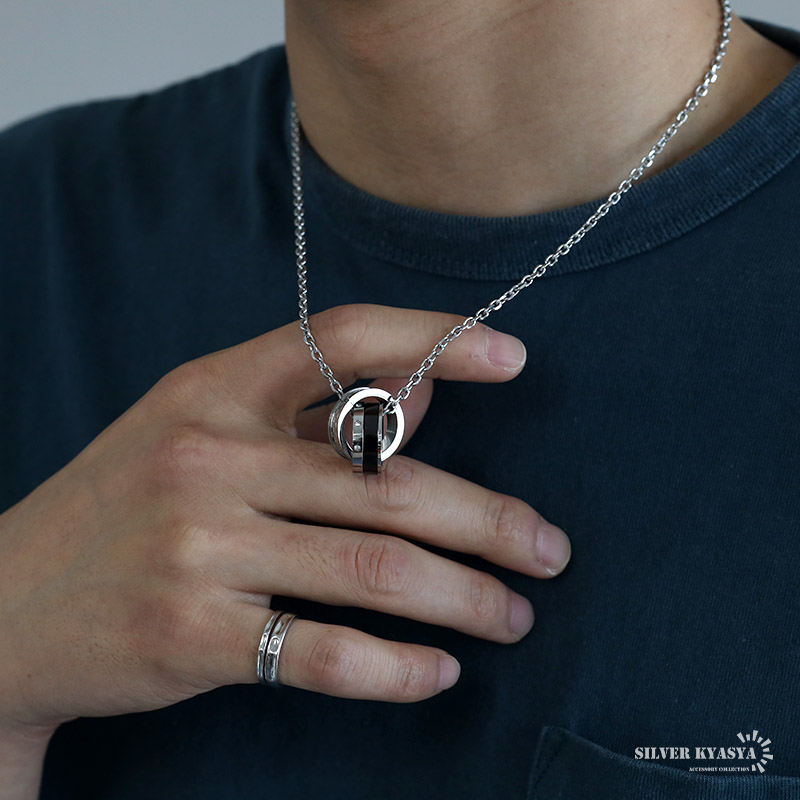stainless ダブルリングネックレス シルバー ペンダント リング