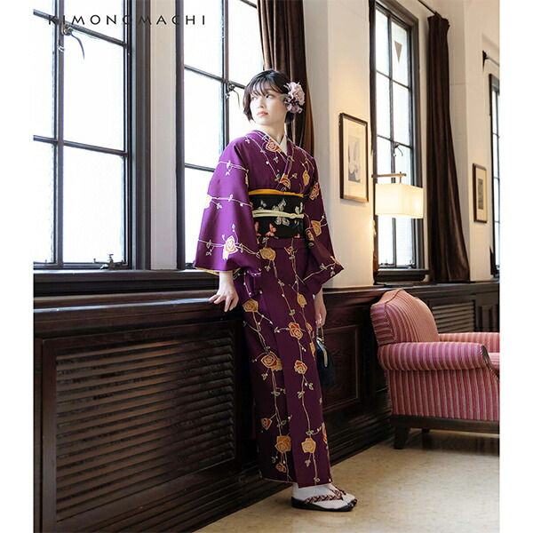 KIMONOMACHI 洗える着物 セット「袷着物：ばら 紫色＋京袋帯：黒 郡蝶