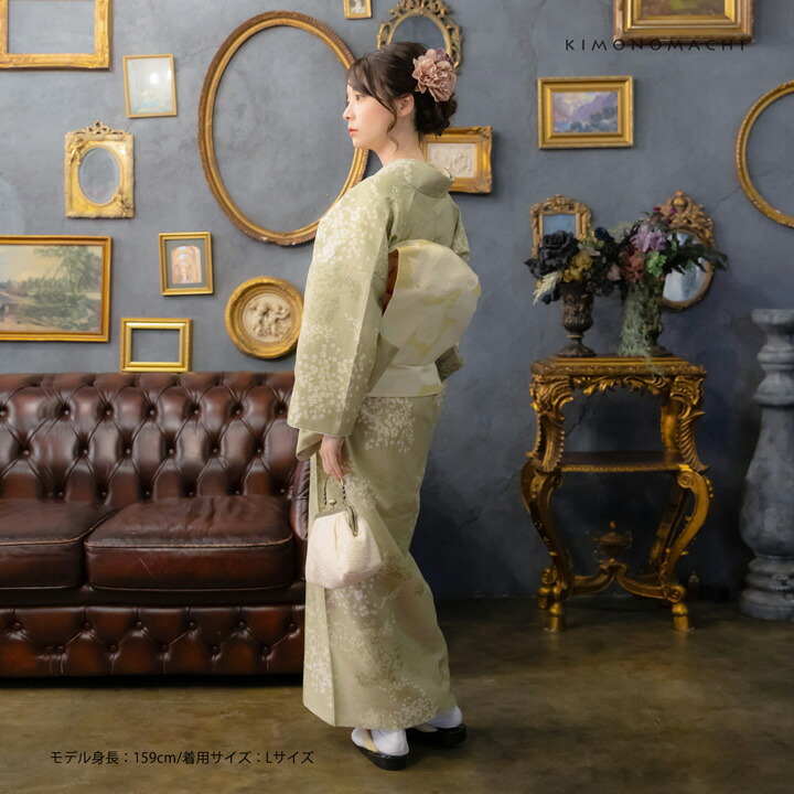 KIMONOMACHI 洗える着物 セット「袷着物：かすみ草に青海波灰黄緑＋京