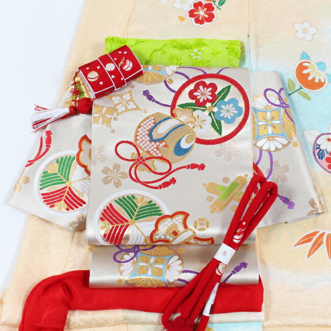 七五三 7歳 帯 購入 正絹 西陣織 銀地 小槌花丸文 宝尽くし 志都香