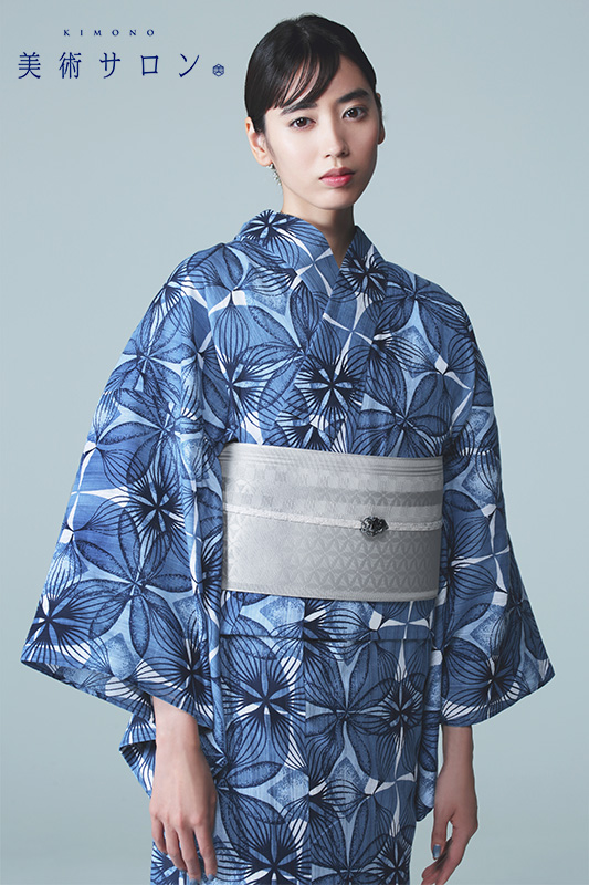 浴衣 美術サロン 藍捺染 変わり七宝 藍 紺 白 知多木綿 綿麻