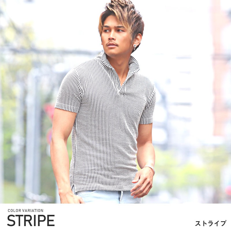 ポロシャツ メンズ イタリアンカラー 半袖 シアサッカー ワイヤー 無地