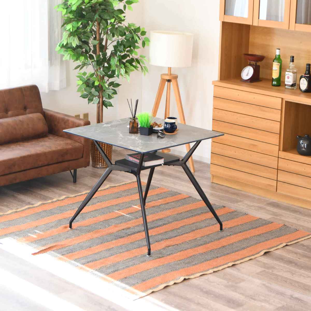 ダイニングテーブル 2人掛け 大理石調 収納スペース付き 幅80cm （ 石