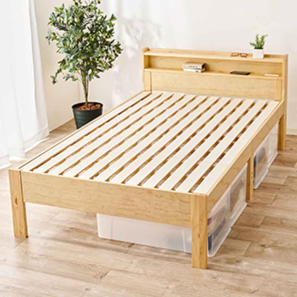 HAGiHARA（萩原） ベッド セミダブル すのこ 宮棚 2口コンセント付 高