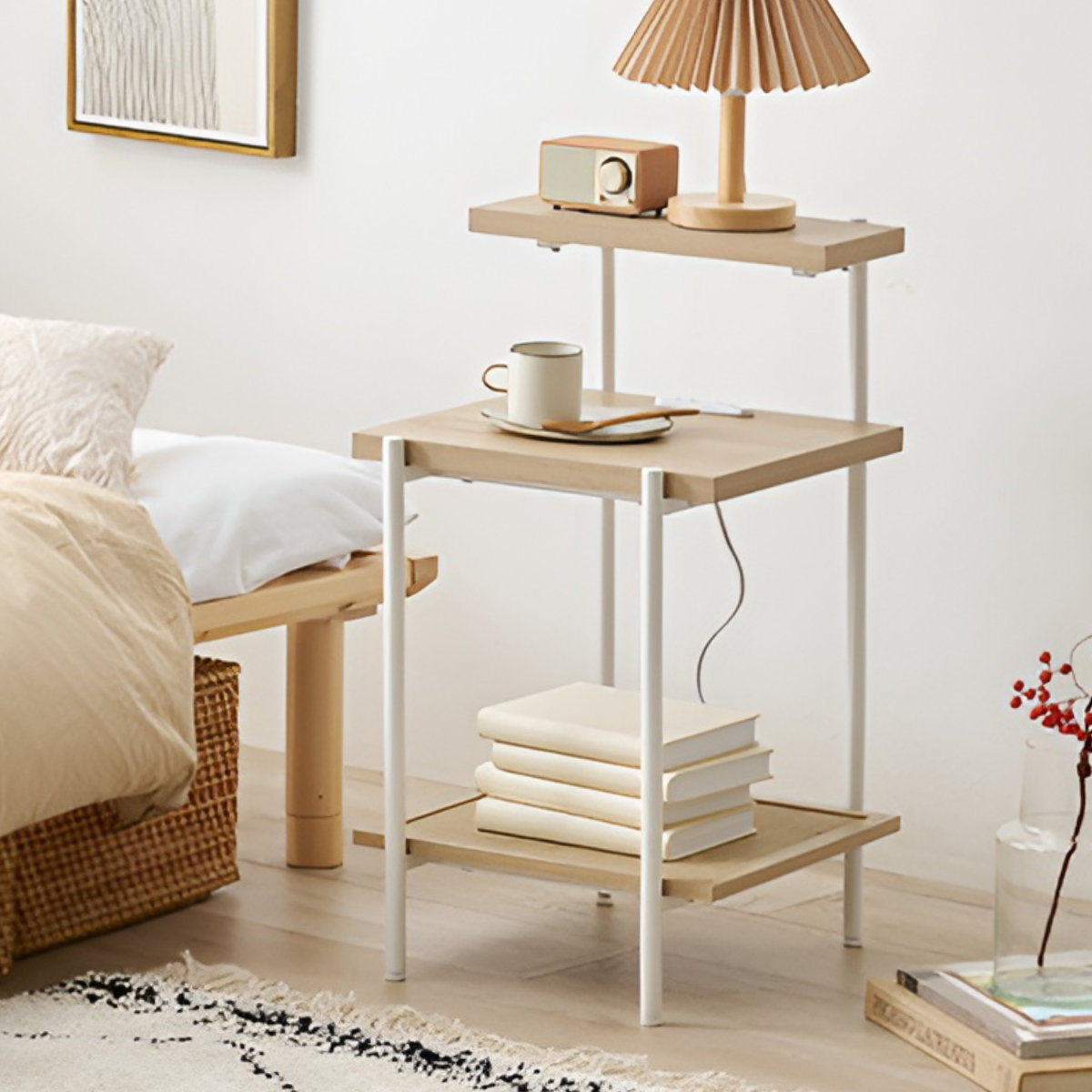 HAGiHARA（萩原） サイドテーブル 高さ70cm ラタン調 棚付き （ ナイト