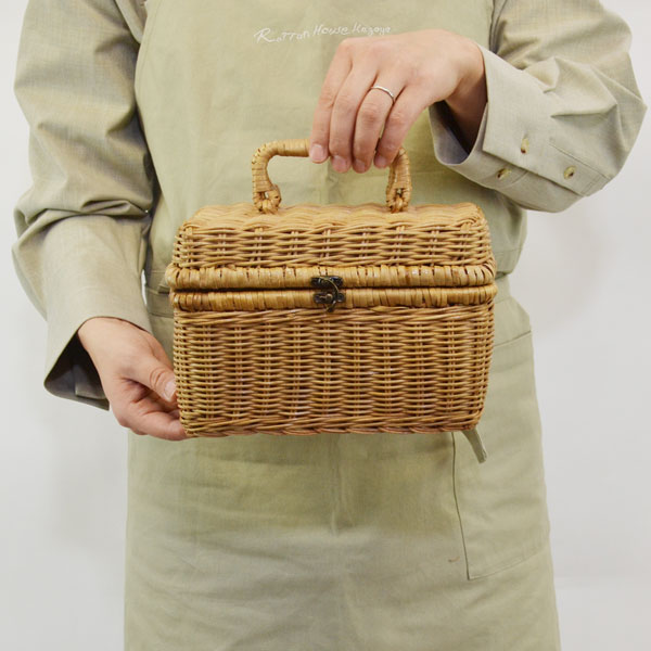 ラタン製 ツールバスケット 蓋付き ピクニック 四角 籐籠 : ラタン