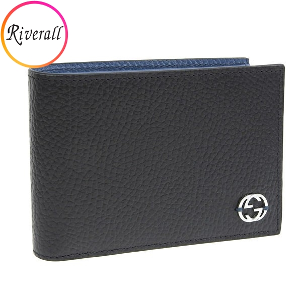 GUCCI（グッチ） 財布 二つ折り 札入れ レザー ブラック ブルー メンズ