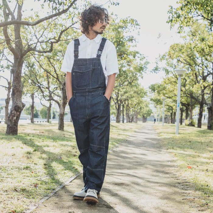 サロペット ツナギ 作業服 デニム調 ヒッコリー かっこいい グレイス