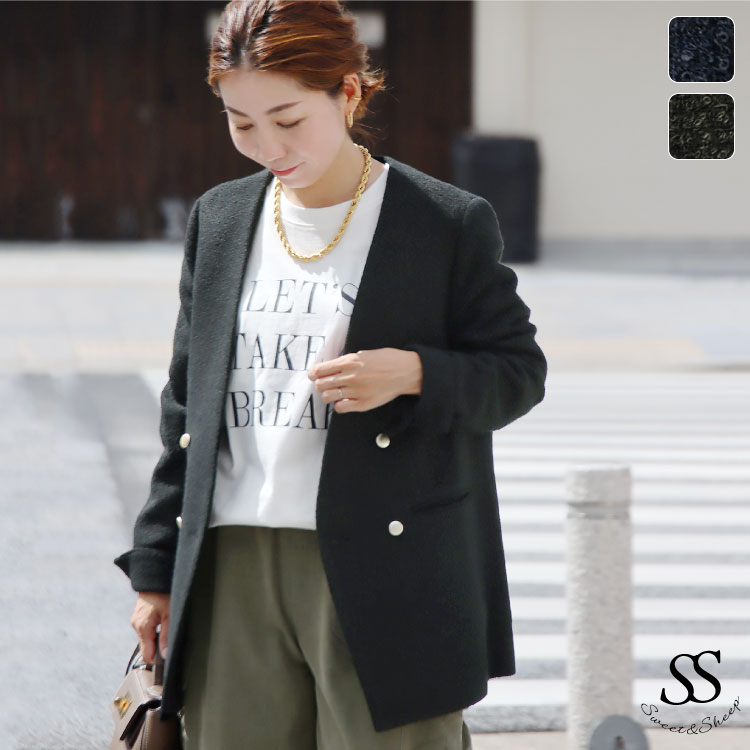 ツイードジャケット レディース ノーカラー 秋 シンプル きれいめ