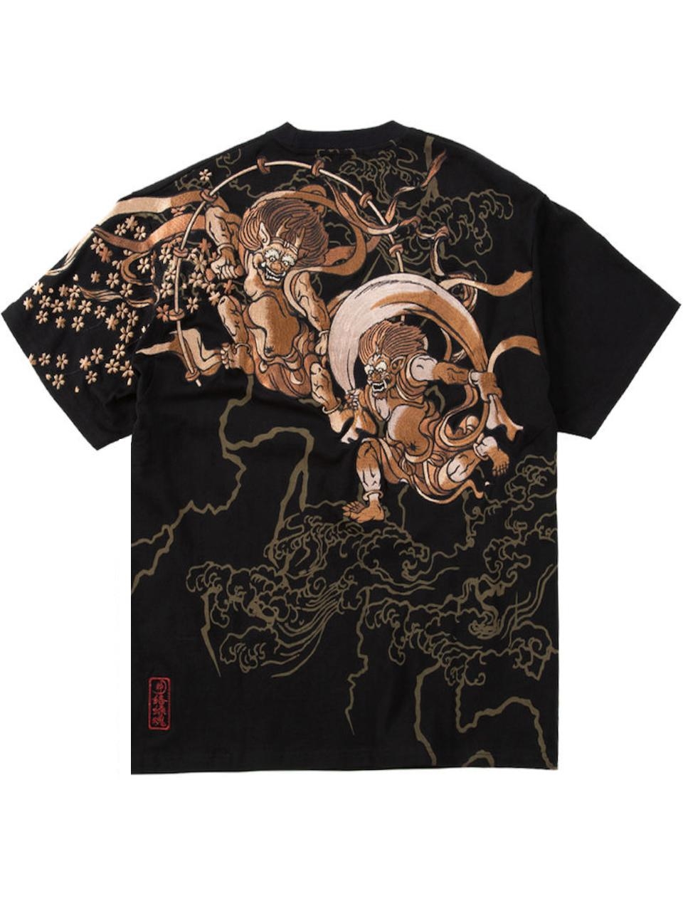 絡繰魂 Tシャツ 風神雷神 大きいサイズ メンズ 和柄 刺繍 プリントT