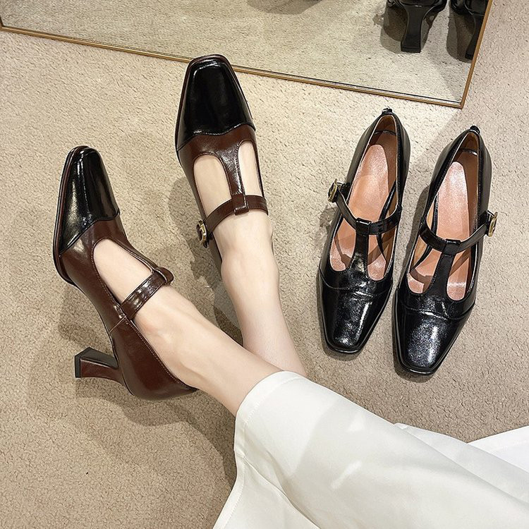 tストラップパンプス レディース 靴 スクエアトゥ フラットパンプス