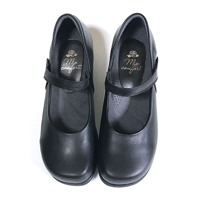 黒 パンプス 本革 幅広 甲高 4E ストラップ コンフォートシューズ 靴