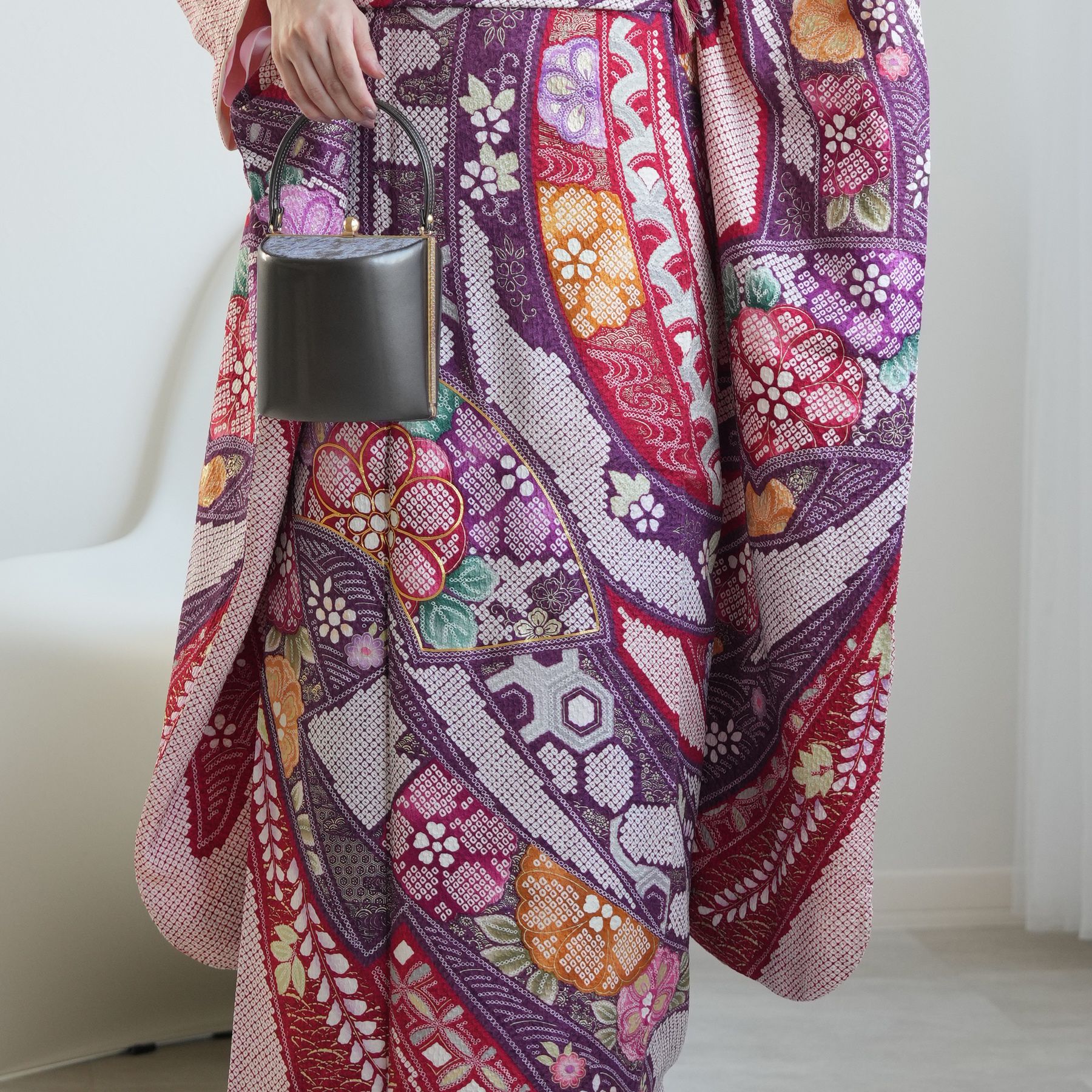 振袖 レンタル 成人式 21点セット レトロ 振袖セット 花 紫 赤 正絹